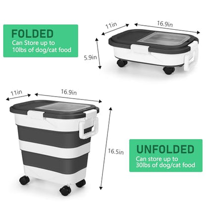 ShineMe Dog Food Storage Container, 30 Lbs Collapsible Food Storage Containers with Rolling Wheel Airtight Locking Lid, Cat Foods Bin with Cup and Scoop, Suitable for Pet Snack, Rice, Flour (Black) - color: 30 Lbs Black
