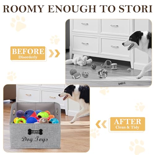 Large Collapsible Dog Toy Basket,Fabric Trapezoid Dog Toy Bin,Stable Dog Toy Storage Box with Metal Handle,for organizing Dog Puppy Toy Blanket Collar Clothes Snacks-Can be Personalized-Gray - size: 13.3''x14.9''x11.4