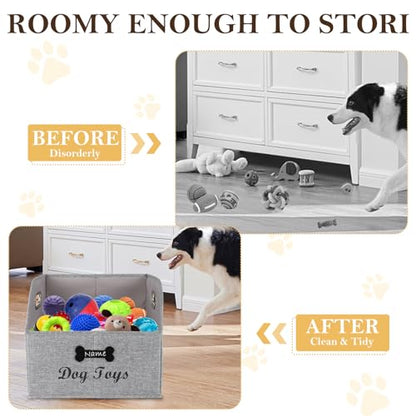 Large Collapsible Dog Toy Basket,Fabric Trapezoid Dog Toy Bin,Stable Dog Toy Storage Box with Metal Handle,for organizing Dog Puppy Toy Blanket Collar Clothes Snacks-Can be Personalized-Gray - size: 13.3''x14.9''x11.4