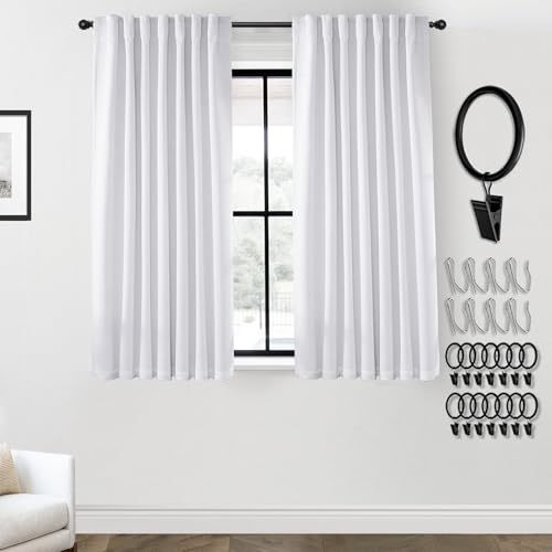 White Short Blackout Curtains for Bedroom Small Windows,Linen Back Tab Pleated Privacy Curtain for Bathroom,52 Extra Wide x 45 Inch Lenth 2 Panels Set - color: Greyish White, size: 52"W x 45"L (Pack of 2)