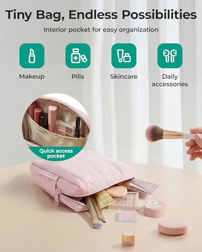 BAGSMART Small Travel Makeup Bag for Purse Toiletry Pouch, Puffy Padded Mini Cosmetics Bag, Cute Make Up Pouch for Women with Slip-in Pocket, Travel Essentials for Toiletries, Baby Pink - color: 01-Baby Pink