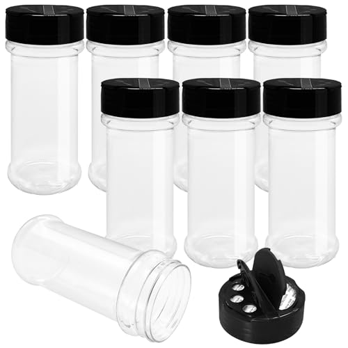 8 Pack 5.5 Oz Plastic Round Spice Bottles with Black Shaker Lids,Reusable Seasoning Containers Jars,Clear Plastic Bottle Containers with Shaker Lids for Powders,Spice,Herbs,Glitters