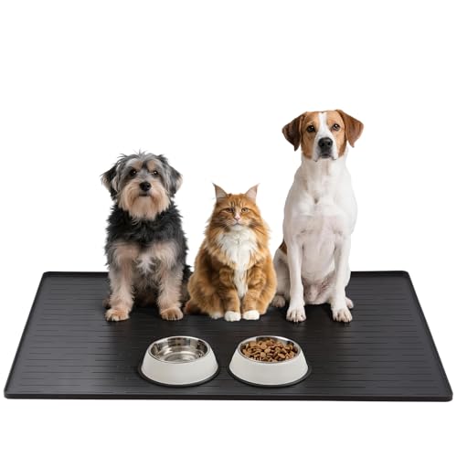 Large Dog Mats for Food and Water, 32"x24" Waterproof Pet Food Mats for Floor Nonslip Silicone Bowl Mats with Raised Edges - color: Black, size: 32"L x 24"W