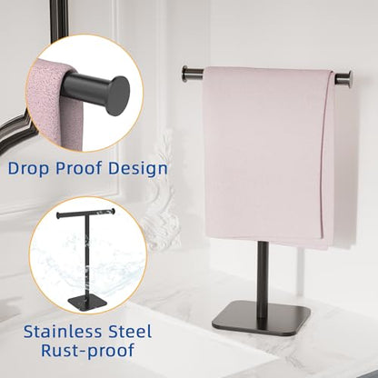 RUACQ Hand Towel Stand, 16" T-Shape Hand Towel Holder Stand for Bathroom, Kitchen and Countertop Towel Holder 304 Stainless Steel Hand Towel Rack with Weighted Base (Matte Black) - color: Matte Black, size: Tall - 16''