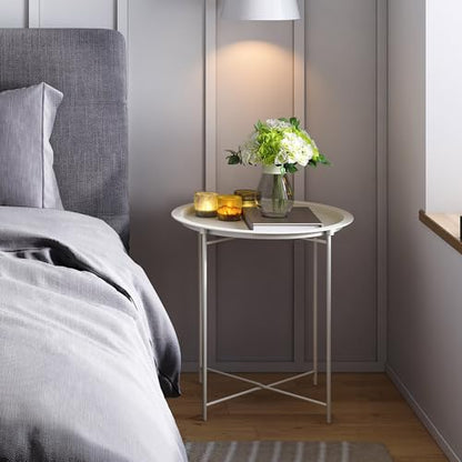 End Table Set of 2, Outdoor Side Table, Small Patio Round Folding Metal Side Tables for Outdoor,Living Room,Bedroom Balcony and Office, 2 PCS - color: White