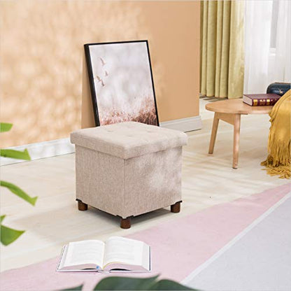 15 Inch Storage Ottoman with Wooden Legs - Cube Foot Rest Stool, Square Footstool, Comfortable Seat with Lid, Foldable Fabric Ottoman, Space-Saving Beige - color: Squ Beige