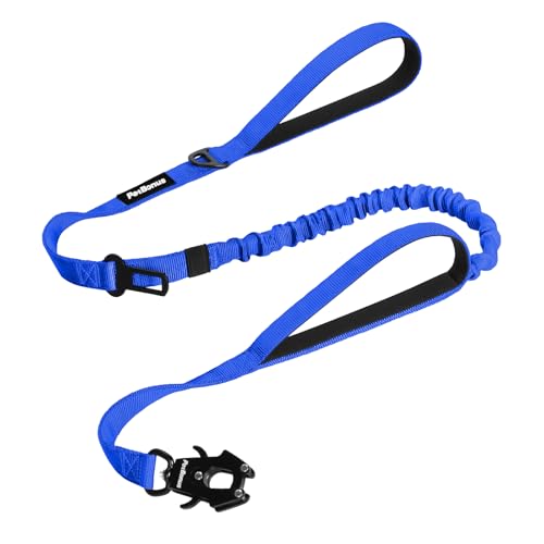 PetBonus Heavy Duty Tactical Dog Leash, 5 FT Bungee Shock Absorption Leash with 2 Padded Handles, Quick Release Metal Clip, Car Seatbelt, No Pull Training Lead for Large Medium Dogs（Blue） - color: Blue