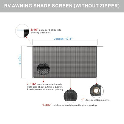 RV Awning Shade Screen Without Zipper 8'x17'3'',Black Mesh RV Awning Sun Shade Screen,Universal Trailer Camper RV Awning Screen with Complete Kit,Significantly Improves Shadow and Privacy - color: Black Without Zipper, size: 8'X17'3''for 18' RV Awning