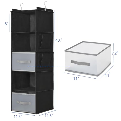 5-Layer Suspended Fabric Shelf Organizer, Equipped with 2 Sturdy Hooks, 2 Separate Drawers, and Foldable Hanging Storage (Black) - color: 5-shelf Black