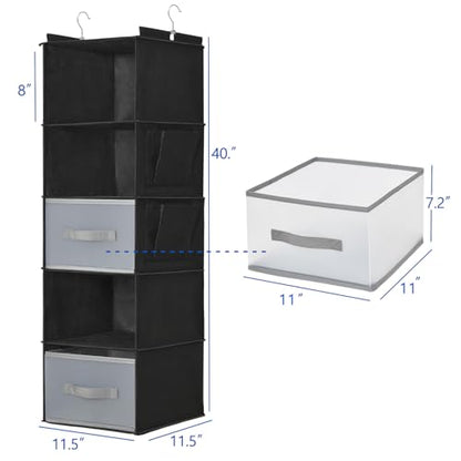 5-Layer Suspended Fabric Shelf Organizer, Equipped with 2 Sturdy Hooks, 2 Separate Drawers, and Foldable Hanging Storage (Black) - color: 5-shelf Black