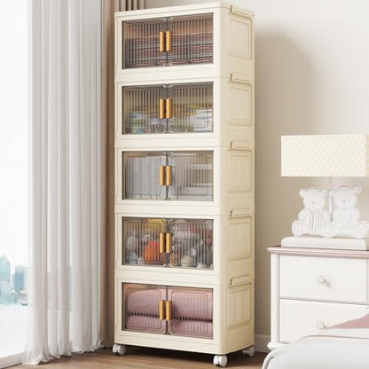 5 Tier Stackable Plastic Storage Bins with Lids 48QT, Collapsible Closet Organizers and Storage with Wheels for Living Room,Office,Dorm - size: 48Qt-5pack