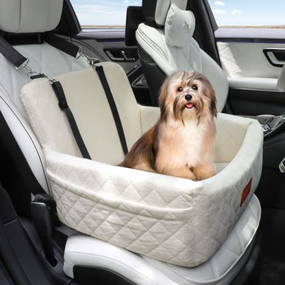 WOOAIDAGG Dog Car Seat for Under 30lbs Dogs,Comfy Febric Fill in Memory Foam,Washable and Detachable Pet Travel Car Bed,Anti-Slip Bottom,2 Safety Leashes & Storage Pockets(Beige) - color: Beige