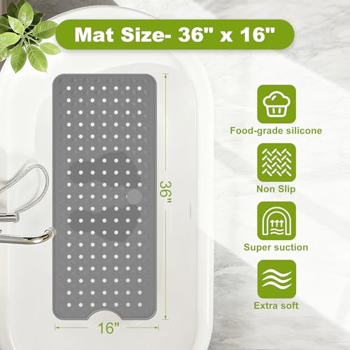 Silicone Bath Tub Mat Non Slip, 36"x16" Shower Foot Scrubber Mat with Drain Holes and Suction Cups, Upgraded Bathtub and Shower Mats, Machine Washable Bathtub Floor Liner Mats for Bathroom (Gray) - color: Gray
