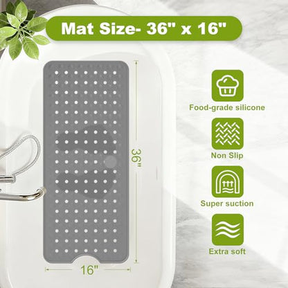 Silicone Bath Tub Mat Non Slip, 36"x16" Shower Foot Scrubber Mat with Drain Holes and Suction Cups, Upgraded Bathtub and Shower Mats, Machine Washable Bathtub Floor Liner Mats for Bathroom (Gray) - color: Gray