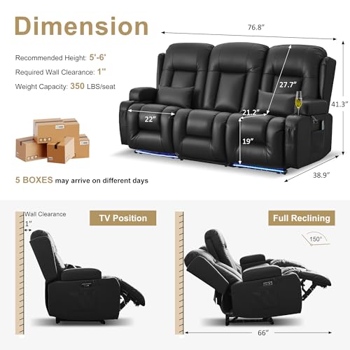 URRED Power Loveseat Recliner Sofa with Massage and Heat, Wall Hugger Reclining Loveseat with Console, RV Couch Home Theater Seating with LED Lights for Living Room (Black, 76.8" - 3 Seats) - color: Black, size: 76.8" - 3 Seats