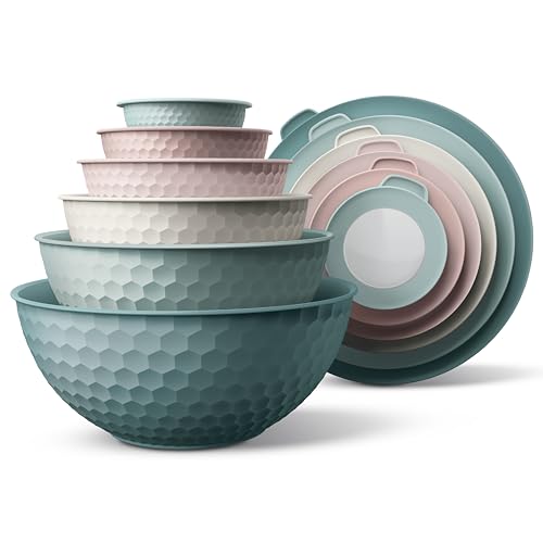 COOK WITH COLOR Mixing Bowls with Lids - 12 Piece Plastic Nesting Bowls Set includes 6 Prep Bowls and 6 Lids, Microwave Safe Mixing Bowl Set, Teal Embossed - color: Teal Embossed