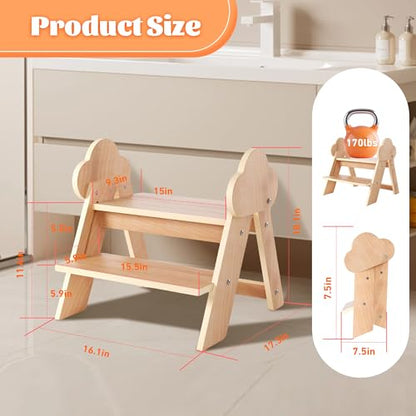 Beech Wooden Toddler Step Stool, 2-Step Foldable Stool for Kids with Non-Slip Surface, Baby Bathroom Stool for Potty Training, Bathroom Sink, Kitchen Counter with Cute Cloud Design - style: Cloud