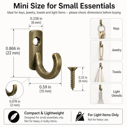 58 Pieces Wall Mounted Hook, Steel Small Coat Hooks, Bronze Single Hanger for Jewelry, Key, Hat, Kitchen Towel Little Hook with Black Screws for Farmhouse Retro Crafting Projects - color: 0.87"×0.59", Bronze