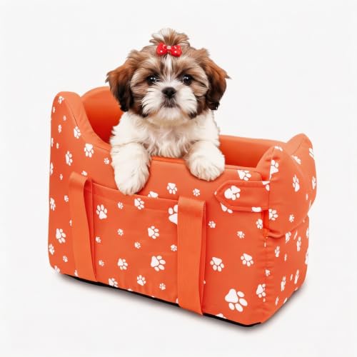 Center Console Dog Car Seat, Tomato Red | Safe Travel for Small Dogs Under 15 lbs, Detachable Washable Pet Carrier, Storage Pockets, Safety Leash - color: Tomato Red