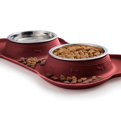 Hubulk Pet Dog Bowls 2 Stainless Steel Dog Bowl with No Spill Non-Skid Silicone Mat + Pet Food Scoop Water and Food Feeder Bowls for Feeding Small Medium Large Dogs Cats Puppies (Medium, Burgundy) - color: Burgundy, size: Medium