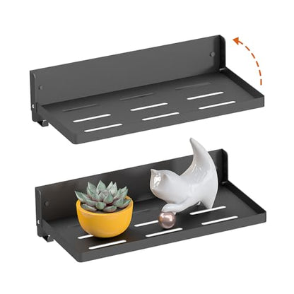 Small Folding Metal Shelf with Hooks, RV Fold-Down Wall Shelf, 6 Hooks, Drop Down Floating Shelf for Laundry Room, Kitchen, Bedside, Toilet Room, Bathroom, Utility, Black（11.8", 1 Pack） - color: 11.8" , 2-pack