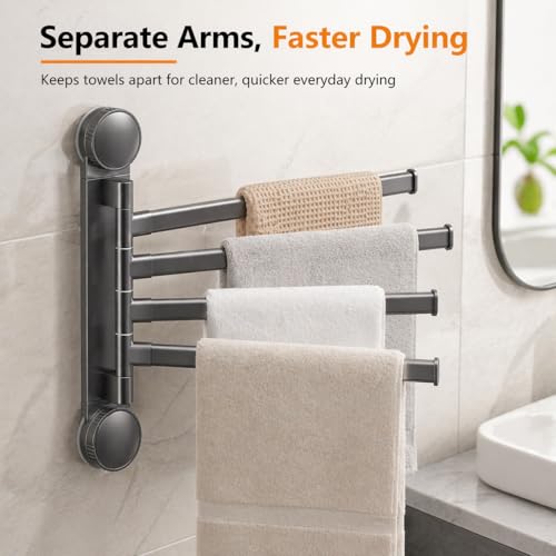 Swivel Towel Rack, 4-Arm Suction Cup Towel Holder, Thicken Aluminum Swing Out Towel Bar, Rustproof Space Saving Towel Hanger for Bathroom and Kitchen (Gun Grey)