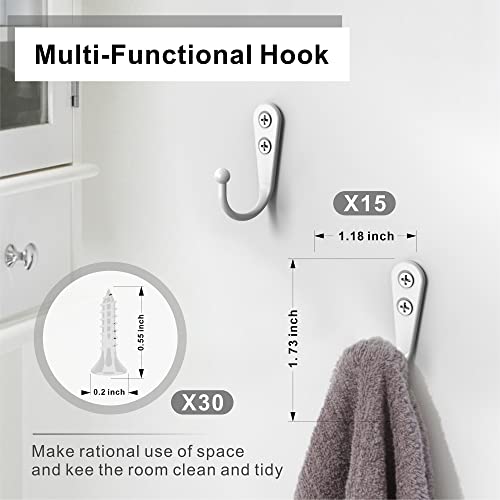 15 Pack Heavy Duty Coat Hooks Wall Mount, with 30 Mounting Screws, White Multi-Purpose Storage for Robe, Towel, Key, Bag, Coffee Mug - color: 15PCS White Hooks