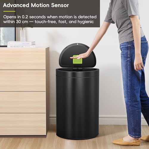 EKO Mirage Semi-Round 47L / 12.4 Gal Motion Sensor Trash Can, Automatic Kitchen Trash Bin with Deodorizer Compartment, Removable Lid & Inner Bucket, Stainless Steel Garbage Can, Matte Black - size: 47L -Premium Semi-Round (Matte Black)