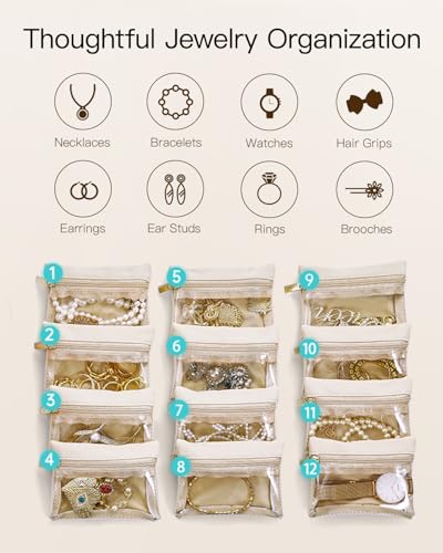 VLANDO Jewelry Travel Case,Travel Jewelry Organizer with Clear Velvet Jewelry Bags 12Pcs Zipper Pouch for Women Girl Gift-Green - color: D.12PCS Green