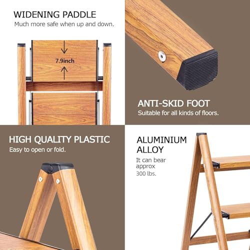 SOLADDER 3 Step Ladder, Folding Aluminum 3 Step Stool with Anti-Slip Wide Sturdy Pedal, Multi-Use for Home and Kitchen, Space Saving-Woodgrain(300 lbs Capacity) - color: Woodgrain, size: 3 Step