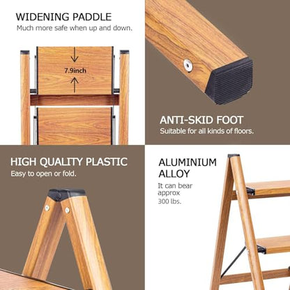 SOLADDER 3 Step Ladder, Folding Aluminum 3 Step Stool with Anti-Slip Wide Sturdy Pedal, Multi-Use for Home and Kitchen, Space Saving-Woodgrain(300 lbs Capacity) - color: Woodgrain, size: 3 Step