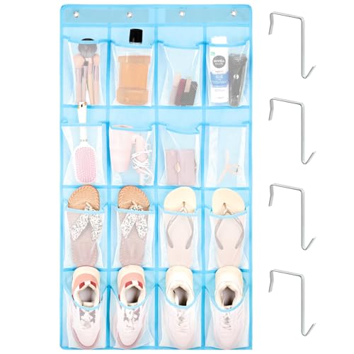 F-color 16-Pocket Hanging Organizer - Over the Door Shoe Organizer, Cruise Essentials for Cabin & RV, Breathable Mesh Storage Pockets, Space Saving Hanging Storage Holder with 4 Sturdy Metal Hooks - color: Blue (M), size: M - 16 Pockets/4 Hooks