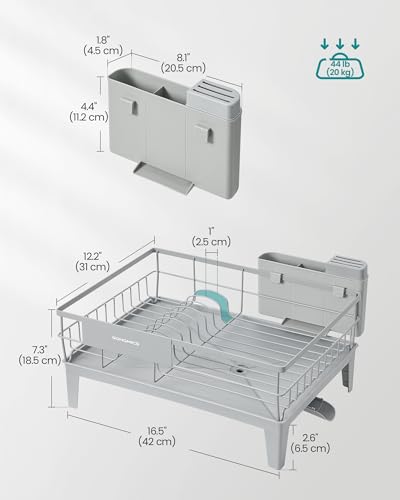 SONGMICS Dish Drying Rack, Kitchen Dish Rack with Drainboard, 360° Rotatable and Extendable Spout, with Cutlery Holder, 12.2 x 16.5 x 7.3 Inches, Dove Gray UKCS550G01 - color: Dove Gray, style: with Drainboard