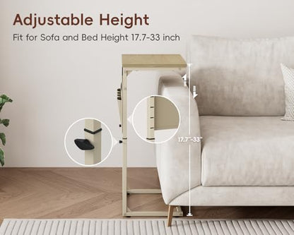 Vagusicc C-Shaped End Table with Charging Station, Small Side Table for Couch, 33" Tall C Table Adjustable Height Side Table, Couch Tables that Slide Under, Sofa Table TV Tray for Living Room, Natural - color: 1pc Natural Walnut