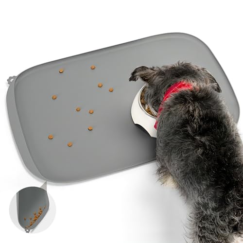 Silicone Dog Food Mat with Side Pocket & Hook Hole, Soft Raised Edges, Easy Clean Waterproof Non-Slip Pet Feeding Mat for Cats and Dogs Water Bowl, Pets Accessories(24"x16",Grey) - color: Grey, size: 24 x 16" - Side Pocket