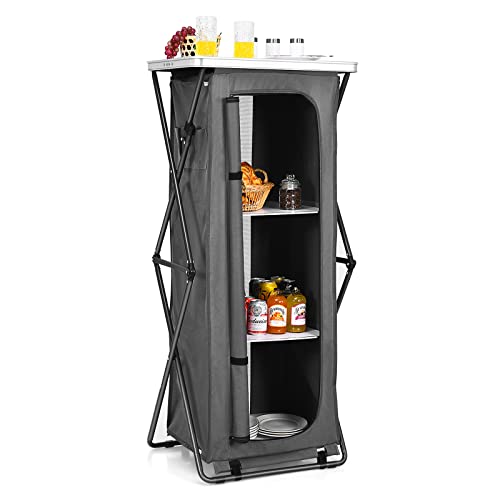 Goplus Folding Camping Storage Cabinet, Pop Up Outdoor Camping Kitchen Station with Large 3-Tier Storage Organizer, Carry Bag, Easy Set Up Portable Compact Camping Table for BBQ Picnic Backyard (55'') - size: 55''