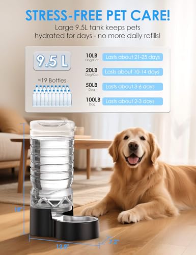 Heouvo 2.5 Gallon Automatic Dog Water Dispenser【Wide Mouth for Easy Hand-in Cleaning】【Removable Stainless Steel Bowl】, Gravity Refilling Large Capacity for Cats and Dogs, Multi-Pet Homes - size: 9.5L