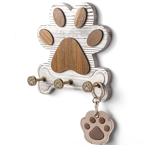 MTERSN Pine Wood Decorative Key Holder Wall Mount – Cute Dog Paw Key Hooks for Wall, Dog Leash Holder for Home Decor – Farmhouse Coat Rack for Entryway, Bedroom & Home Office (White) - color: Distressed White