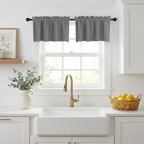 NICETOWN Valance Curtain Kitchen Farmhouse Window Valances for Living Room Adjustable Rod Pocket Small Blackout Valances for Bedroom Bathroom 18 Inch Length + 1.6 Inch Header, 1 Pair, 42" Wide, Grey - color: Grey, size: 42"W x 18"L (Pack of 2)