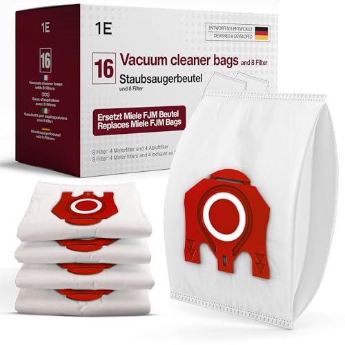 16 Vacuum Bags [Replaces Miele FJM] – Compatible with Miele [Complete C1, Compact C1 & C2 Series] – incl. 4 Motor & Exhaust Filters – [S6000, S4000, S700, S500, S300] – Replaces 9917710 & 10224410 - size: FJM