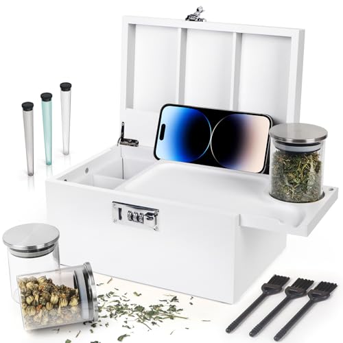 Large White Bamboo Box with Combination Lock, Decorative Storage Box with Removable Tray & Detachable Compartment, Wooden Boxes with Alright Jars & Brushes & Storage Tubes as Great Gift Choice. - color: White, size: 10.2''×7‘’×5.5‘’