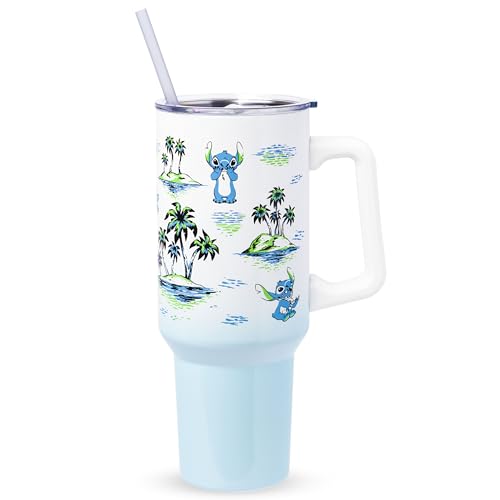 Silver Buffalo Disney Lilo and Stitch Vintage Sketch Palm Trees and Flowers Double Walled Stainless Steel Tumbler with Handle and Straw, Fits in Standard Cup Holder, 40 Ounces - color: Lilo and Stitch Palm Tree Island Sketches