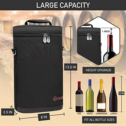 opux 2 Bottle Wine Carrier Tote, Insulated Leakproof Wine Cooler Bag, Wine Travel Bag Tote for Picnic BYOB Beach, Portable Wine Bottle Carrying Case, Gift for Wine Lover Women Men Christmas, Black - color: Black