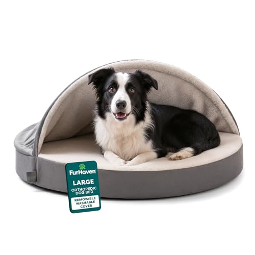 FurHaven Round Orthopedic Dog Bed for Large Dogs, Egg Crate with a Solid Orthopedic Foam Base with Attached Blanket Hood and Removable Washable Cover, Large, Sherpa & Suede Snuggery, Gray - color: Gray, size: Large