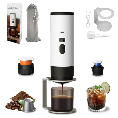 3-in-1 Portable Coffee Maker, 15 Bar Portable Espresso Machine with LED Display and 90ml Sink, Compatible with Ground Coffee & Capsules(Ns&DG) for RV, Hiking, Office, Auto-Heating, USB-C (White) - color: White