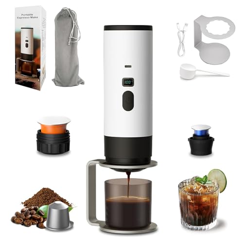 3-in-1 Portable Coffee Maker, 15 Bar Portable Espresso Machine with LED Display and 90ml Sink, Compatible with Ground Coffee & Capsules(Ns&DG) for RV, Hiking, Office, Auto-Heating, USB-C (White) - color: White