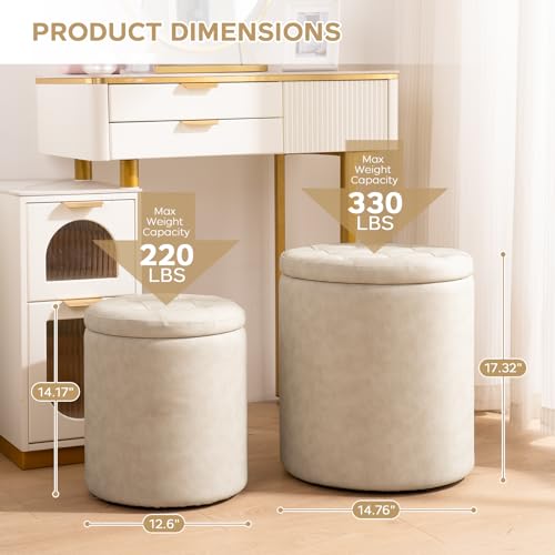 oakvivo Faux Leather Round Ottoman with Storage 12.6" W x 14.17" H & 14.76" W x 17.32" H Set of 2, Small Boucle Coffee Table Footstool with Removable Lid for Living Room, Bedroom, Beige - color: Beige