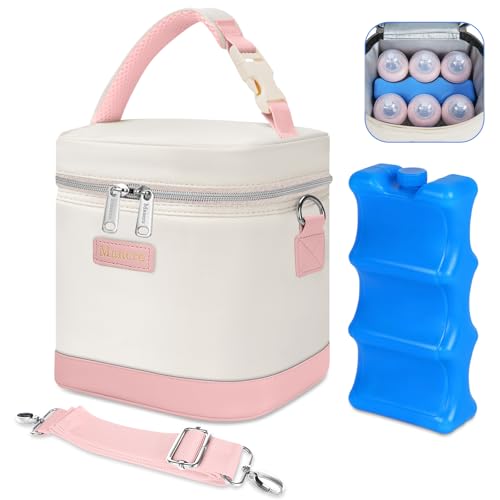 Mancro Breast Milk Cooler Bag with Ice Pack, Baby Bottle Bag Holds 6 Bottles Up to 9oz, Leak-Proof Insulated Storage for Nursing Moms, Daycare or Travel, Pink & Beige - color: Pink Beige