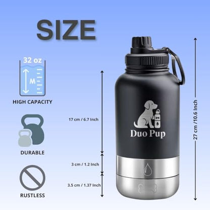 DuoPup 32oz Insulated Stainless Steel Pet Water & Food Bottle – Portable Leak-Resistant Dispenser with Two Detachable Bowls & Carrying Strap – Travel, Hiking & Outdoor Pet Hydration – Dark Green - color: Dark Green