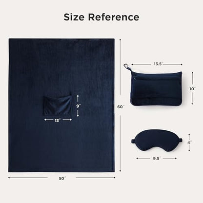 Bedsure Travel Blanket Airplane Compact with Storage Bag, Packable Blanket with Eye Mask, Lightweight 2-in-1 Travel Essentials, Functioned as Pillow for Airplane Comfort and Warmth, Navy - color: Navy